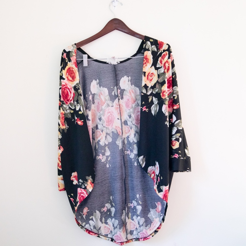 Mauve Black Floral Open Front 3/4 Sleeve Cardigan
